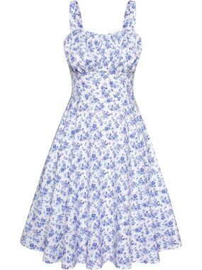 Women's White Blue Floral Gingham Vintage A-Line Midi Cocktail Tea Party Dress